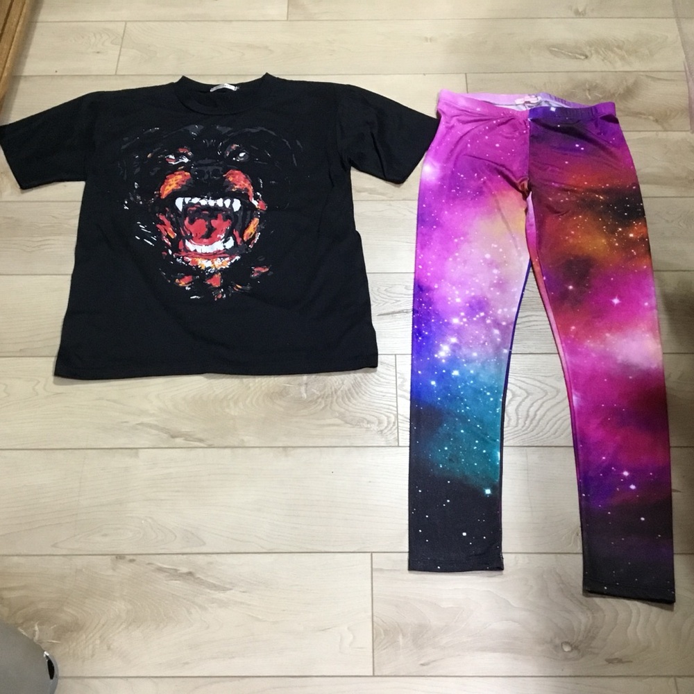 Ardene Pink and Purple Galaxy Leggings & TShirt with Tiger Print